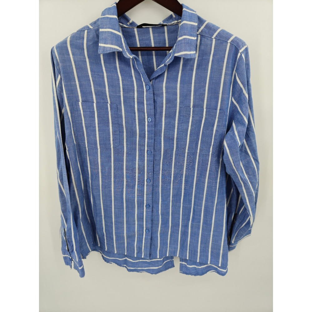Womens Blue White Vertical Striped Button Down Shirt Long Sleeve Pockets 3815